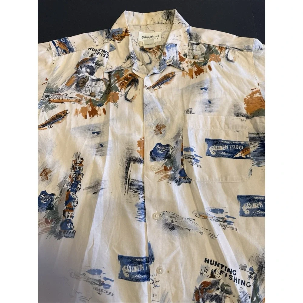 Vintage Eddie Bauer Shirt M Tan Hunting Fishing Novelty Short Sleeve Mens M